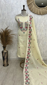 Thread Embroidered Linen Unstitched Suit Set