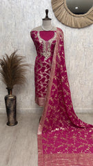 Organza Unstitched Suit Set With Banarasi Weave