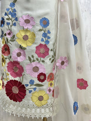 Organza Unstitched Suit Set With Floral Thread Embroidery