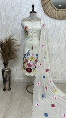 Organza Unstitched Suit Set With Floral Thread Embroidery