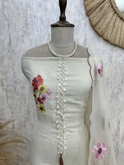 Organza Unstitched Suit Set With Floral Thread Embroidery