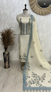 Printed Jamdani Linen Unstitched Suit Set With French Knot Work