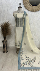 Printed Jamdani Linen Unstitched Suit Set With French Knot Work