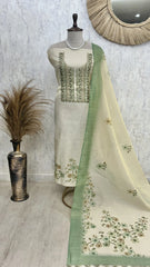 Printed Jamdani Linen Unstitched Suit Set With French Knot Work