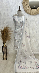 Printed Jamdani Linen Unstitched Suit Set