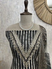 Printed Striped Organza Unstitched Suit Set