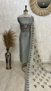 Jamdani Linen Unstitched Suit Set French Knot Work On Neckline