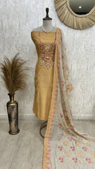 Jamdani Linen Unstitched Suit Set French Knot Work On Neckline