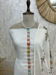 Jamdani Linen Unstitched Suit Set With Floral Print