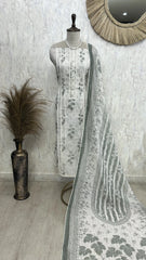 Linen Unstitched Suit Set With Leaf Prints