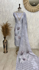 Linen Unstitched Suit Set With Embroidered Neckline & Woven Hemline