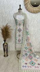 Printed Linen Unstitched Suit Set With Pearl Work