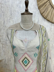 Printed Linen Unstitched Suit Set With Pearl Work