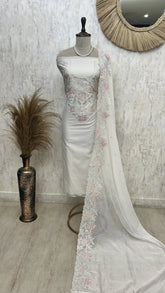 Mul Chanderi Unstitched Suit Set With Thread Embroidered Neckline