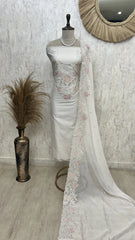 Mul Chanderi Unstitched Suit Set With Thread Embroidered Neckline