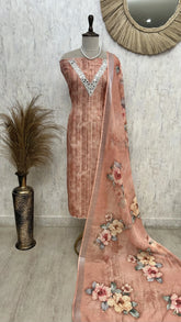 Linen Unstitched Suit Set With Mirror Work