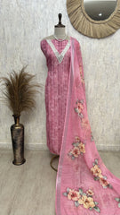 Linen Unstitched Suit Set With Mirror Work