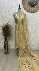 Linen Unstitched Suit Set With Mirror Work