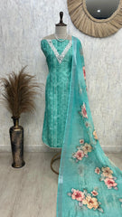 Linen Unstitched Suit Set With Mirror Work