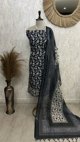 Printed Linen Unstitched Suit Set With Pearl Work on Hemline