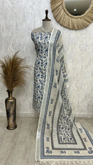 Printed Linen Unstitched Suit Set With Pearl Work on Hemline