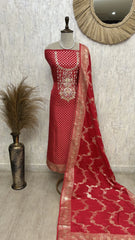 Dola Silk Unstitched Suit Set With Zardozi Neckline