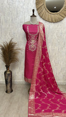 Dola Silk Unstitched Suit Set With Zardozi Neckline