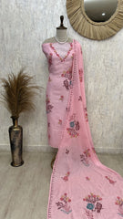 Linen Unstitched Suit Set With Kantha Work & Bird Motif