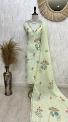 Linen Unstitched Suit Set With Kantha Work & Bird Motif