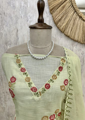 Linen Unstitched Suit Set With Kantha Work & Bird Motif