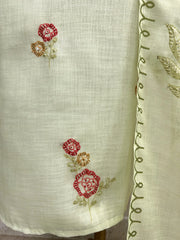 Linen Unstitched Suit Set With Kantha Work & Bird Motif