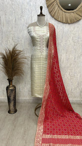 Tissue Silk Unstitched Suit Set With Zardozi & Pearl Work