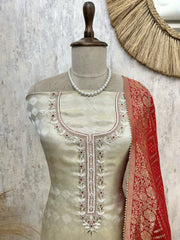 Tissue Silk Unstitched Suit Set With Zardozi & Pearl Work