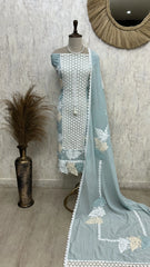 Mul Unstitched Suit Set With Cut-Lace Work