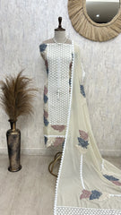 Mul Unstitched Suit Set With Cut-Lace Work