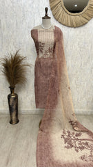 Linen Unstitched Suit Set With All-Over Kantha