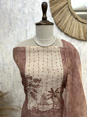 Linen Unstitched Suit Set With All-Over Kantha