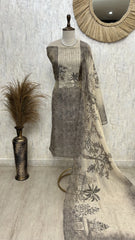 Linen Unstitched Suit Set With All-Over Kantha