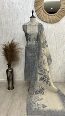 Linen Unstitched Suit Set With All-Over Kantha