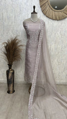 Glass Organza Unstitched Suit Set With Rhinestone Work