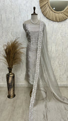 Glass Organza Unstitched Suit Set With Rhinestone Work