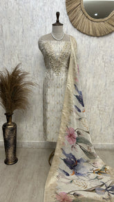 Tissue Unstitched Suit Set With Zari & Mirror Work