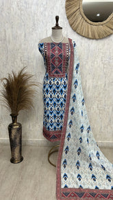 Ikat Print Linen Cotton Unstitched Suit Set With Coin Work