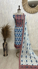 Ikat Print Linen Cotton Unstitched Suit Set With Coin Work