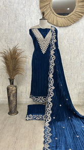 Velvet Unstitched suit with Mirror & Zari Work