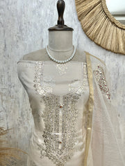 Organza Unstitched Suit Set With Applique Work