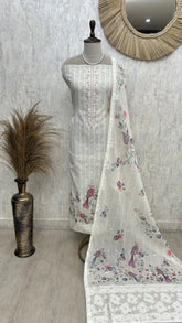 Linen Unstitched Suit Set With Bird Motif & Kantha