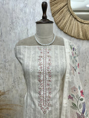 Linen Unstitched Suit Set With Bird Motif & Kantha