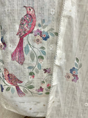 Linen Unstitched Suit Set With Bird Motif & Kantha