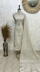 Linen Unstitched Suit Set With Applique Work